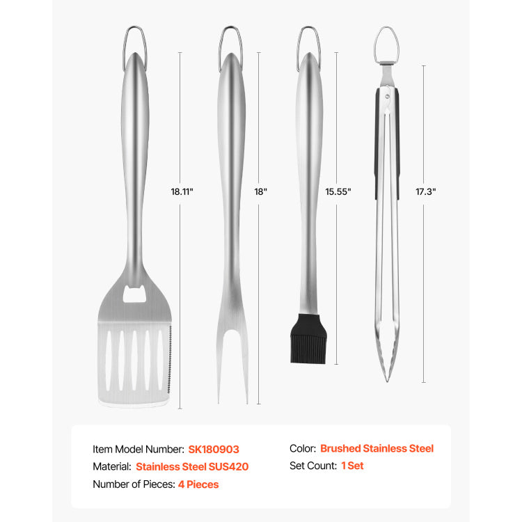 4Pcs Grilling Tool Set Bbq Grill Accessories Stainless Steel Barbecue Utensil