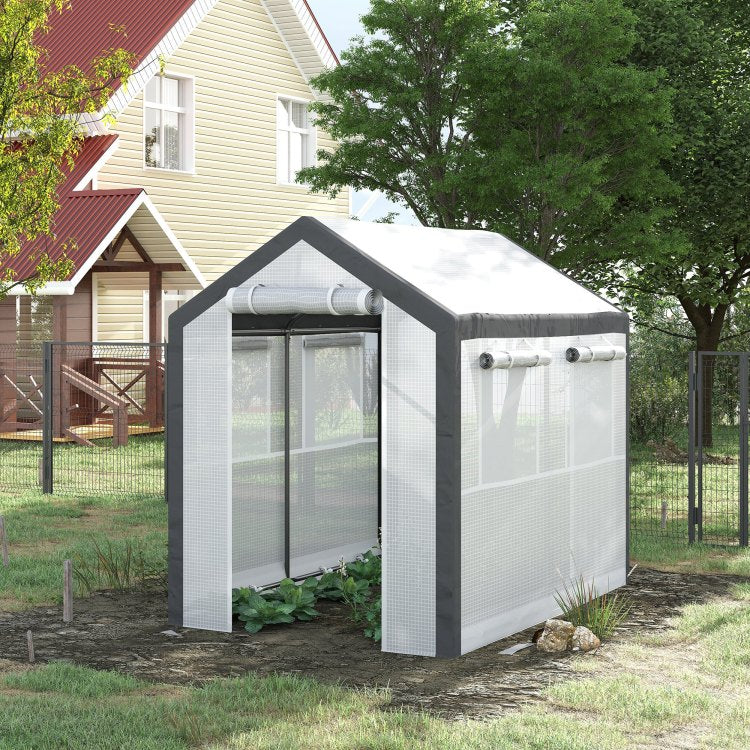 Outsunny 8' X 6' X 7.5' Walk In Greenhouse, Outdoor Gardening Canopy With 6 Roll Up Windows, 2 Zippered Doors & Weather Cover, White
