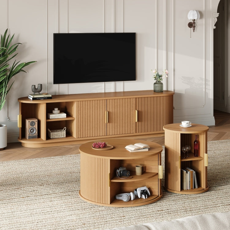 Assembly Video Wooden Tv Stand & Coffee Table Set With Fluted Sliding Door For Tvs Up To 75", Golden Handles Media Console With Cable Hole, Farmhouse Round Center Table For Living Room, Natural