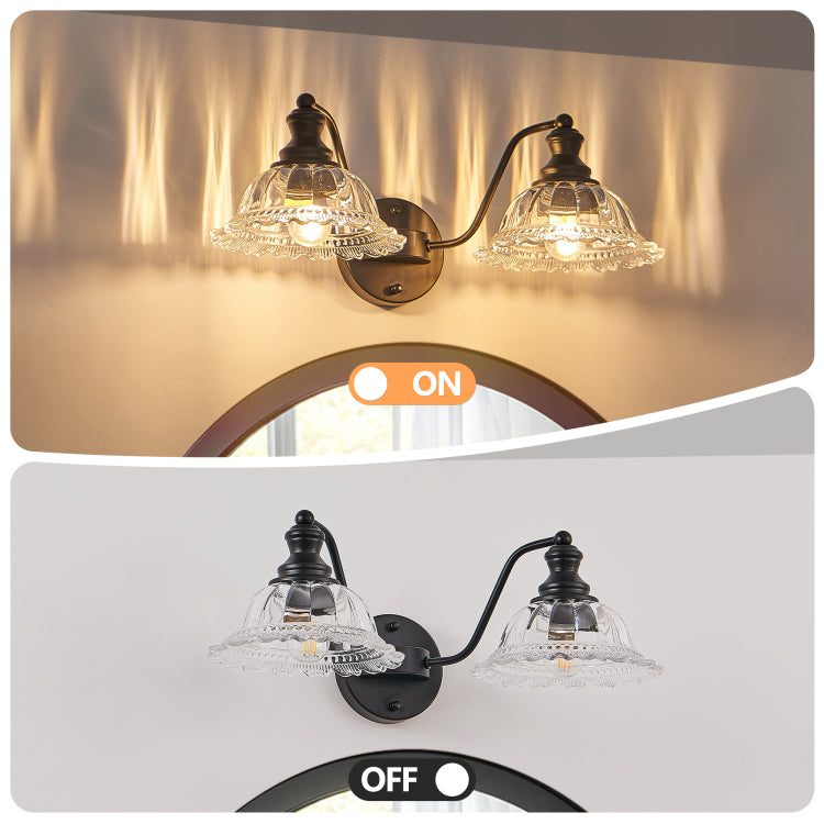 20 Inch 2 Light Vintage Bathroom Wall Sconce Elegant Black Metal And Glass Lampshade Vanity Light Fixture For Bathroom, Hallway, Or Bedroom Bulb Not Included