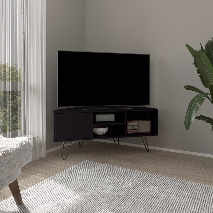 Tv Stand, 1 Door, 3 Shelves, 4 Legs, Black