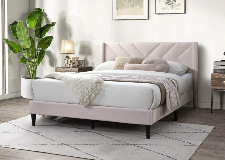 Elegant Modern Full Size Bed Clean Lines Design Headboard 1Pc Light Pink Velvet Upholstered Bedframe