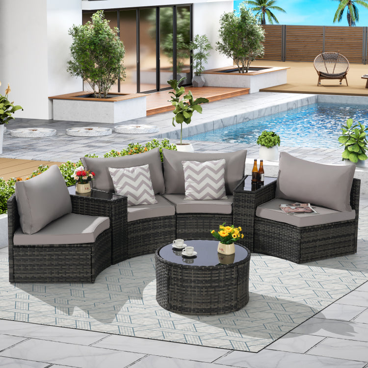 Outdoor Patio Furniture 7 Piece Half Moon Sectional Round Patio Furniture Set Sofa With Tempered Glass Round Coffee Table
