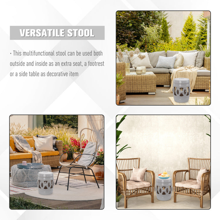Outsunny 14" X 17" Ceramic Garden Stool With Double Coin Knotted Ring Design & Strong Glazed Material, Decorative End Table, Home Collection, White