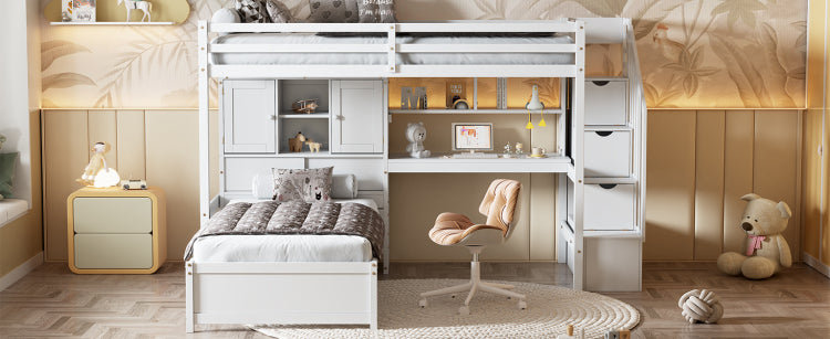 Twin Over Twin Loft Bed With Built In Desk And Staircase, With Storage Compartments And Shelves, White