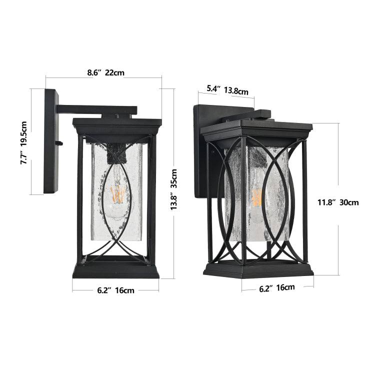 14" H 1 Pack Black Outdoor Wall Lantern With Crackled Glass, Weather Resistant Exterior Light Fixture For Porch, Patio, And Entryway, Modern Decorative Wall Sconce With E26 Base Bulb Not Included