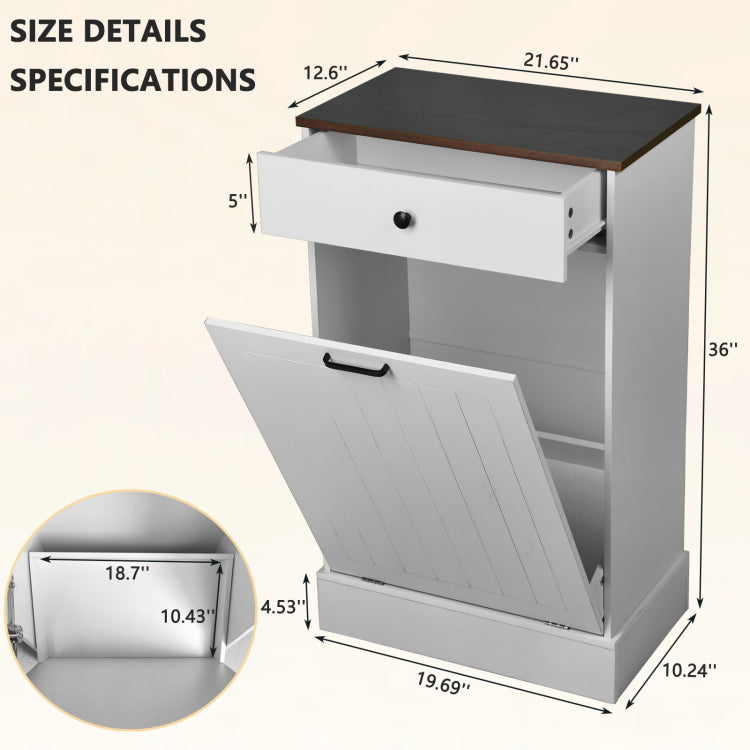 Tilt Out Trash Can Cabinet, Hidden Wooden Trash Can Cabinet With Drawer, Free Standing Garbage Cabinet For Kitchen, 10 Gallon Farmhouse Laundry Hamper Cabinet For Kitchen, Living Room White