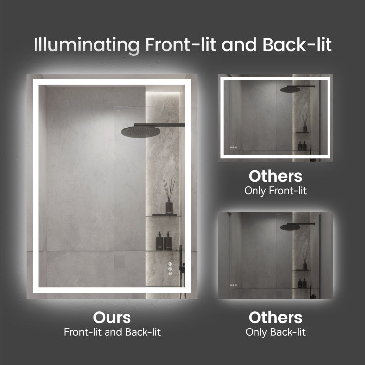 20"*28"Led Bathroom Mirror,Front Lit And Back Lit, Stepless Dimmable, 3 Colors Cri90 , Brightness Memory, Shatter Proof,Anti Fog Led Vanity Mirror, Ip44 Waterproof