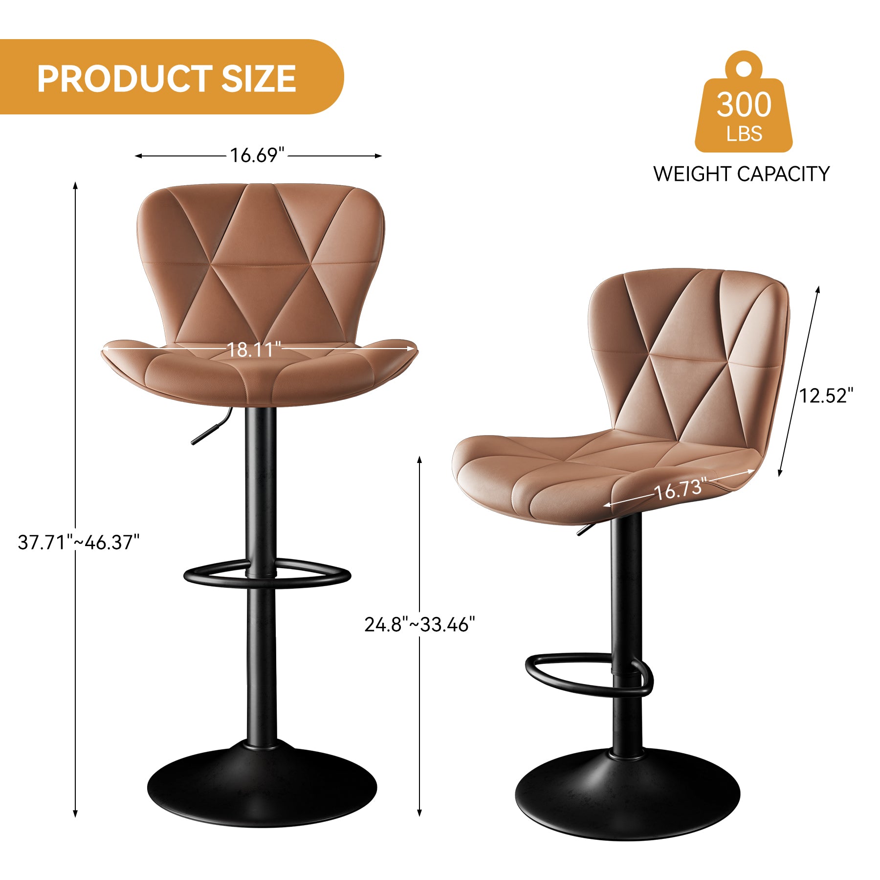 Modern Bar Stools Set Of 2, Faux Leather Upholstered Swivel Bar Stools, Adjustable Counter Height Bar Chairs With Back For Kitchen Island, Rust