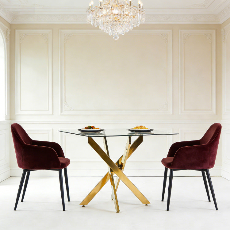 Dining Table With Cross Metal Leg And Tempered Glass,Modern Space Saving Kitchen Table For Living Room,Chrome Legs,Square Table,Golden Legs,90X90X75Cm