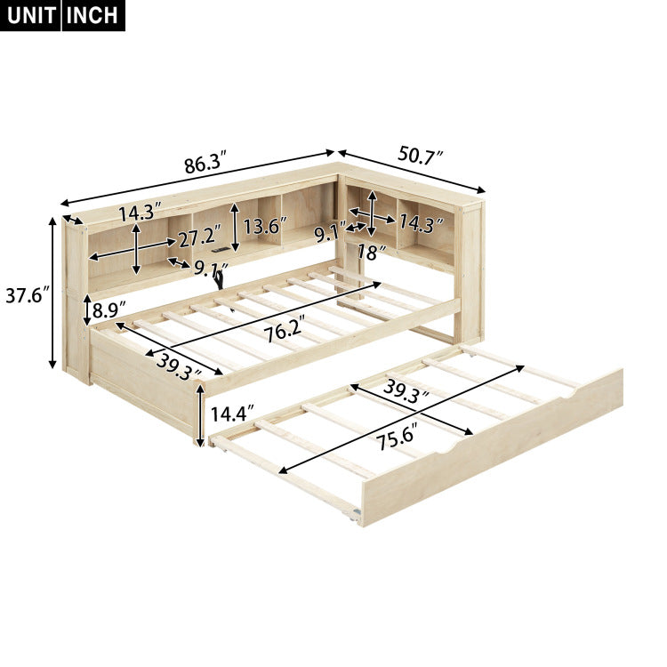 Twin Size Daybed With Trundle, Storage Cabinets And Usb Ports, Wood Color