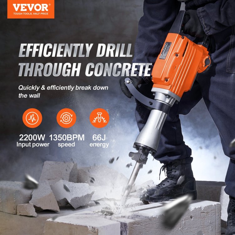 Demolition Jack Hammer, 2200W 1400 Bpm Jack Hammer Concrete Breaker, Heavy Duty Electric Jack Hammer 6Pcs Chisels Bit With Gloves, 360 C Swiveling Front Handle For Trenching And Breaking Holes
