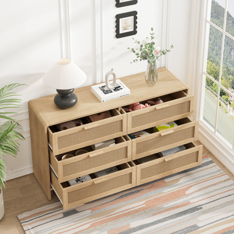 51.18'' Arc Shaped Corner Rattan Cabinet, 6 Drawers Rattan Storage Cabinet Rattan Drawer, For Living Room Bedroom,And Kitchen, Natural