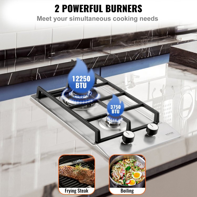 Gas Cooktop 12 Inch, Max 12250Btu 2 Burners Built In Stainless Steel Gas Stove Top, Lpg Ng Convertible Dual Fuel Natural Gas Hob With Thermocouple Protection