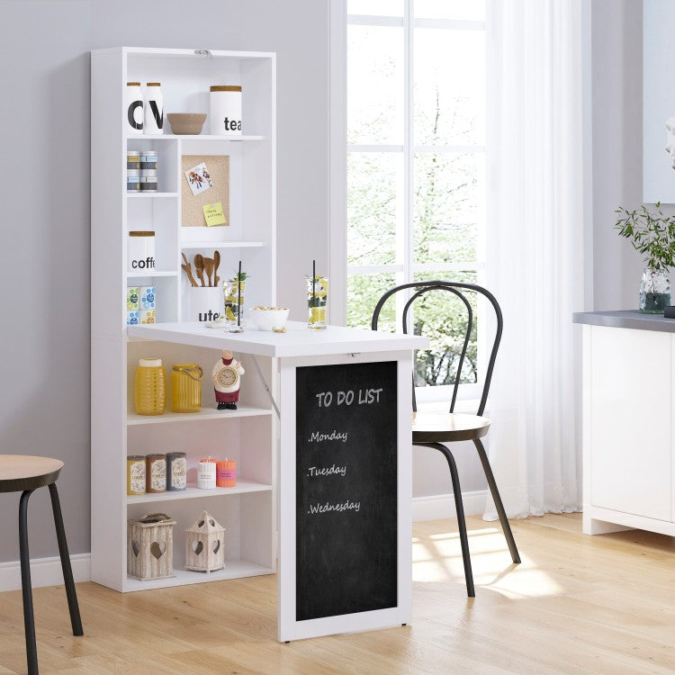 Homcom Fold Out Convertible Writing Table Wall Mount Desk Cabinet With Blackboard And Side Shelf Multi Function Home Office Workstation, White
