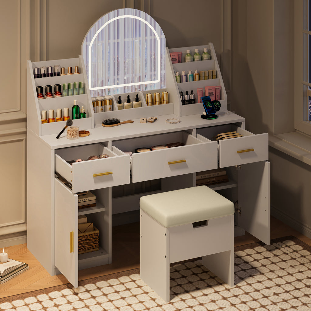 47.2" Makeup Vanity With Mirror And Light, Vanity Desk With Cushioned Storage Stool, Dressing Table With Two Organizers,3 Drawers And 2 Cabinets For Bedroom, White