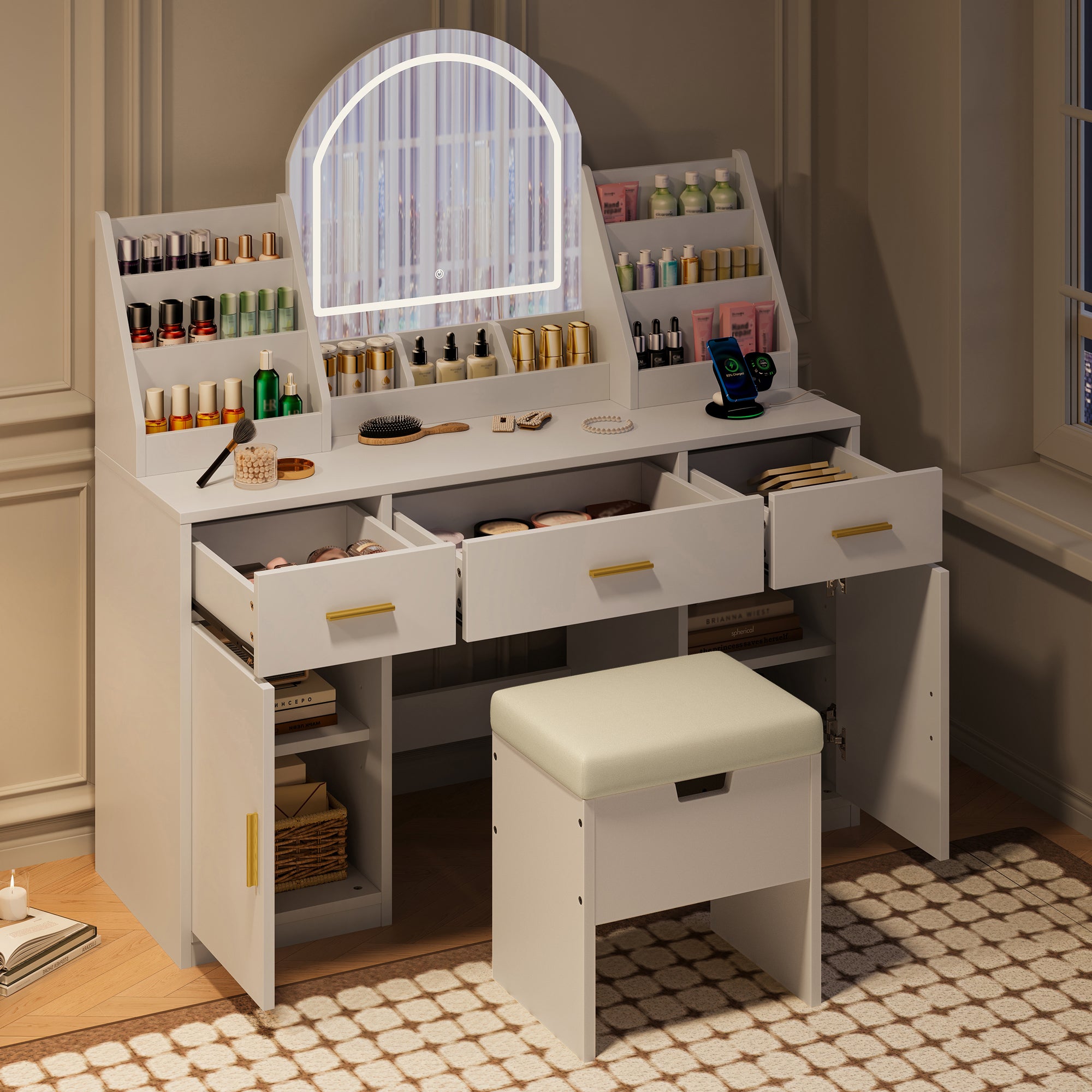 47.2" Makeup Vanity With Mirror And Light, Vanity Desk With Cushioned Storage Stool, Dressing Table With Two Organizers,3 Drawers And 2 Cabinets For Bedroom, White