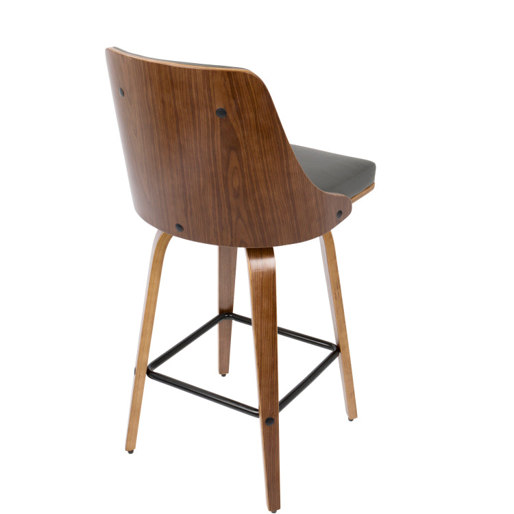 26" Mid Century Modern Counter Stool In Walnut With Grey Faux Leather Set Of 2