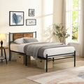 Twin Size Metal Bedframe,Headboard With Wood Panel Decoration,Black