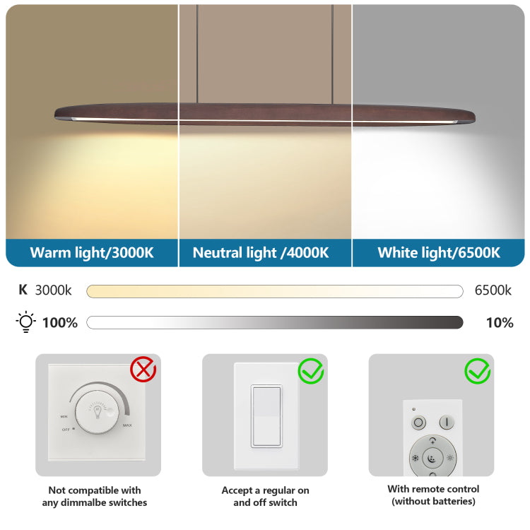 39 Inch Streamline Wooden Led Pendant Light With Remote Control, Adjustable Hanging Light For Dining Room, Kitchen, Living Room Contemporary Walnut Wood Finish