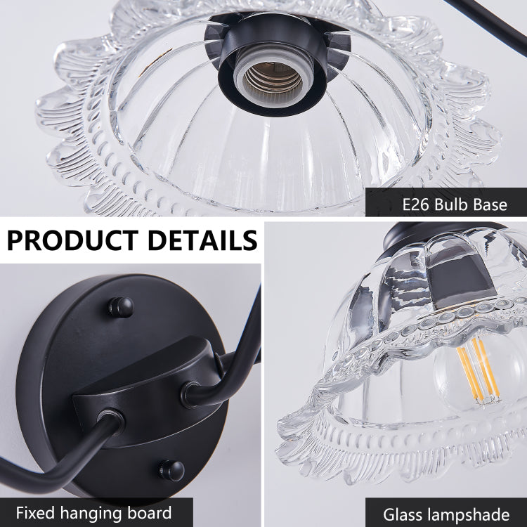 20 Inch 2 Light Vintage Bathroom Wall Sconce Elegant Black Metal And Glass Lampshade Vanity Light Fixture For Bathroom, Hallway, Or Bedroom Bulb Not Included