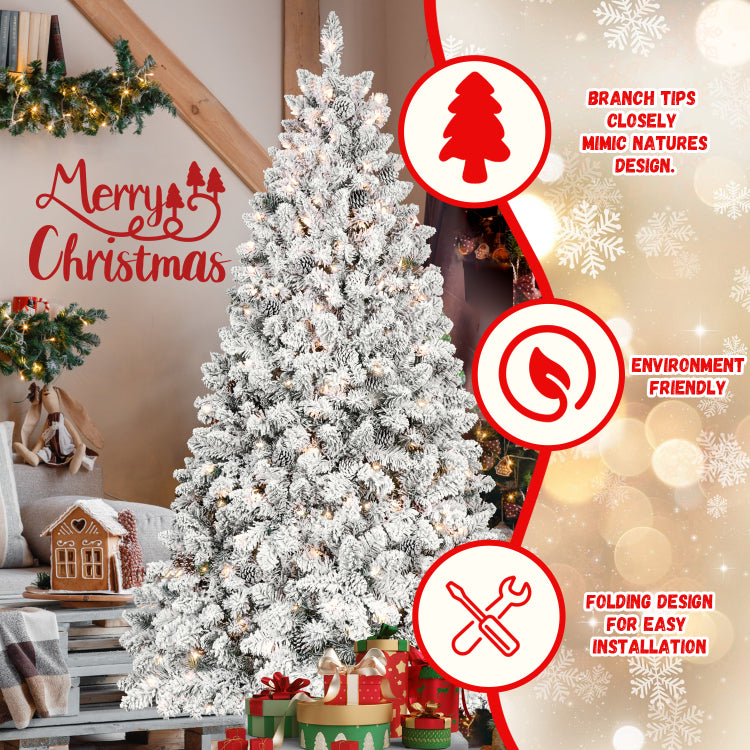4Ft Flocked Christmas Tree With 150 Ul Lights And 21 Natural Pine Cones Snowy Pvc Tips, 366 Tips, Hinged Structure, Stable Metal Stand, Easy Setup