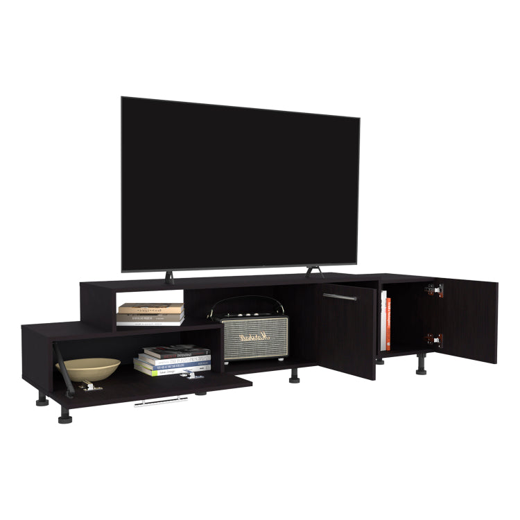 Athol 69" Wide Two Tier Tv Stand Black With One Pull Down Door Cabinet, One Double Door Cabinet And Two Shelves, Cable Management, Living Room Black Wengue