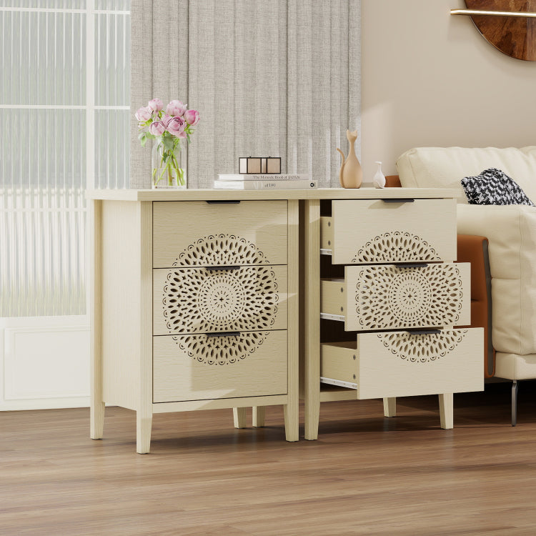 Hollow Carved 3 Drawer Cabinet Dresser Storage Chest With Metal Handles For Living Room Bedroom