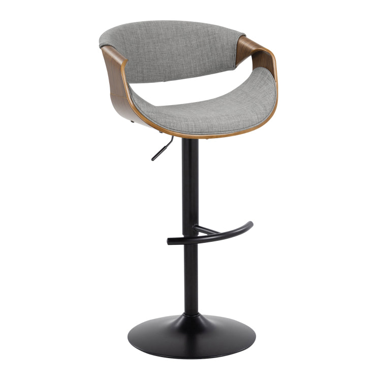 Mid Century Modern Adjustable Barstool With Swivel In Black Metal, Walnut Wood And Light Grey Fabric With Rounded T Footrest Set Of 2