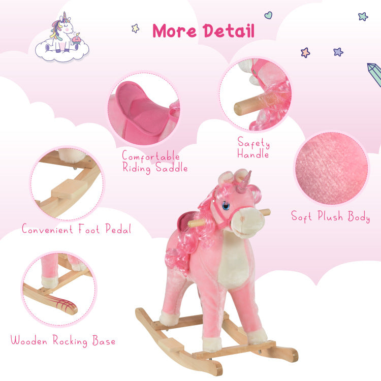 Qaba Rocking Horse, Kids Ride On Horse Unicorn Design With Wooden Base, Tail Wag & Sounds For Toddlers 3 6 Years Old, Pink