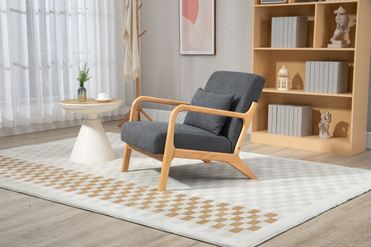 Mid Century Modern Accent Chair With Wood Frame, Upholstered Living Room Chairs With Waist Cushion, Reading Armchair For Bedroom Sunroom