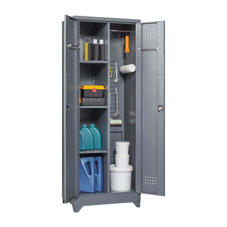 Broom Storage Cabinet With Locking Doors And Shelves, 65" H Metal Storage Cabinet With Hanging Rod & S Hooks, Cleaning Tool Storage Cabinet Grey