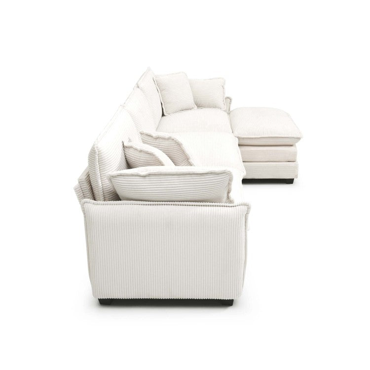 Oversize 3 Seater Sofa With One Footrest, L Shaped Sectional Sofa With Ottoman For Living Rooms, White Corduroy Sofa