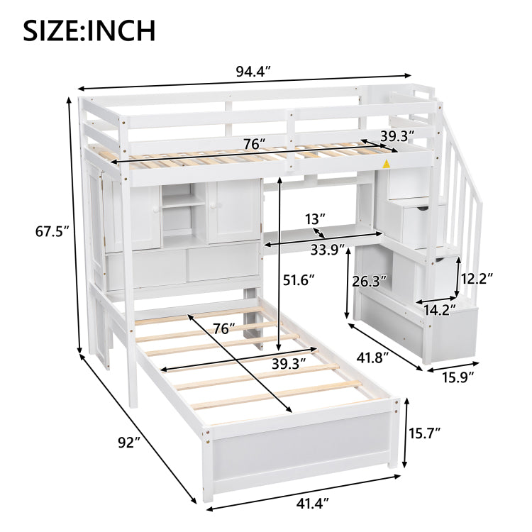 Twin Over Twin Loft Bed With Built In Desk And Staircase, With Storage Compartments And Shelves, White