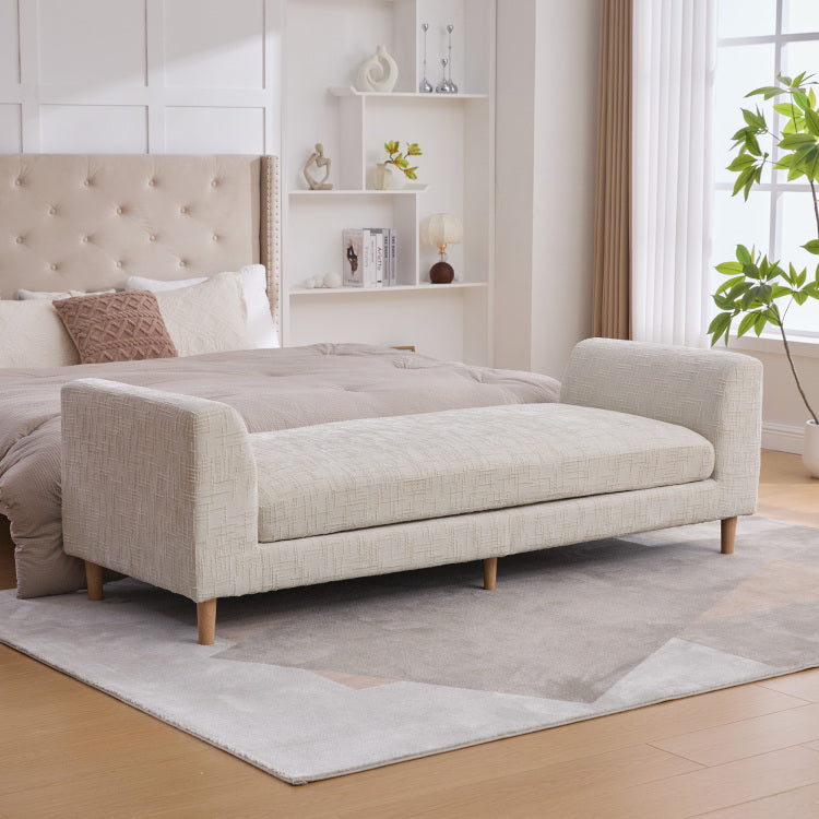 83.1"Wide Modern Upholstered End Of Bed Bench With Armrests, Chenille Chaise Lounge Couch With 2 Bolster Pillows, Daybed With Rubberwood Legs For Living Room,Bedroom,Apartment,Guestroom, Beige