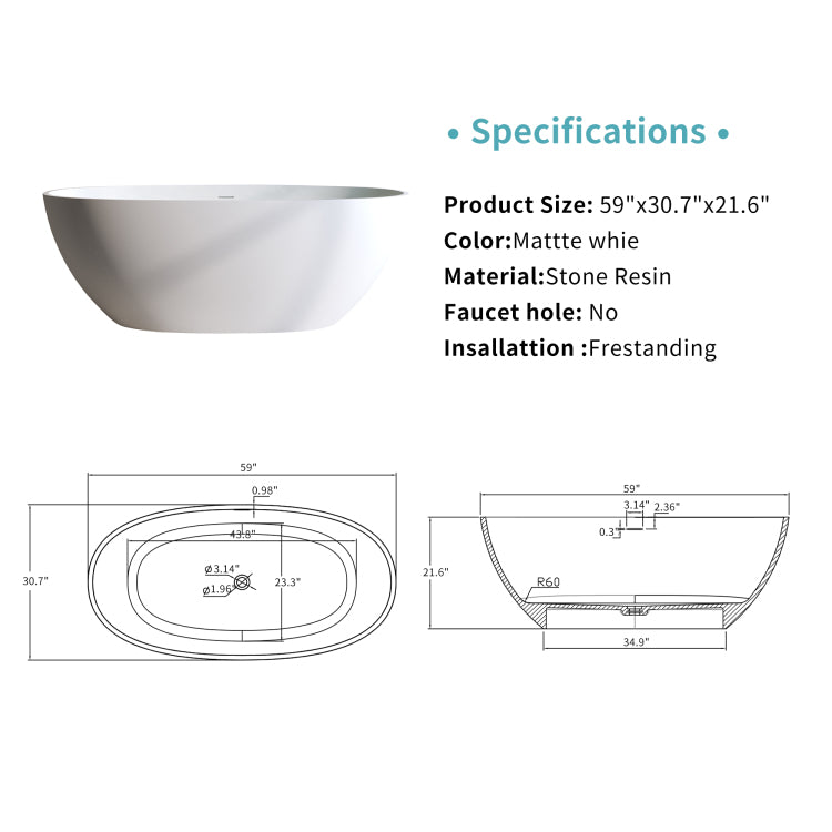 59'' Solid Surface Matte Tub, Solid Surface Soaking Tub, Stone Resin Freestanding Bathtub, Thick Edge Stand Alone Tubs With Overflow, Pop Up Drain, Matte White Oval