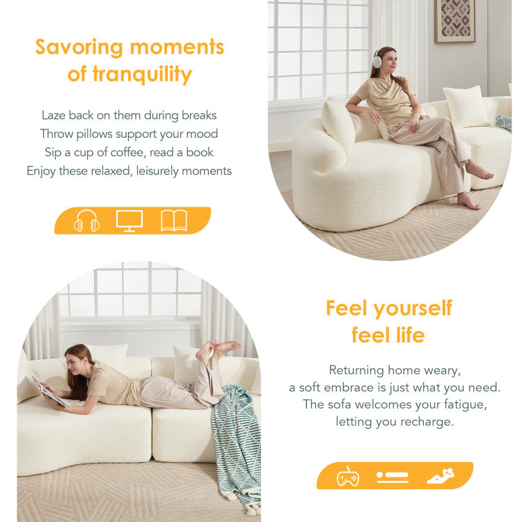 Curved Boneless Sofa,Compression Modular 110'' Sectional,White High Density,Couches Sleeper For Living Room Bedroom Apartment Lounge,Chenille