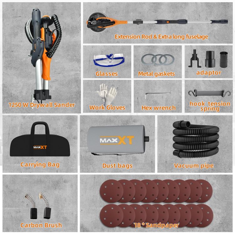 Drywall Sander With Vacuum Dust Collection, 6 Variable Speed Foldable Telescopic Electric Wall Sander, Popcorn Ceiling Removal Tool, 1900Rpm Power Sander Tool, Led Light, 18Pcs Sanding Discs