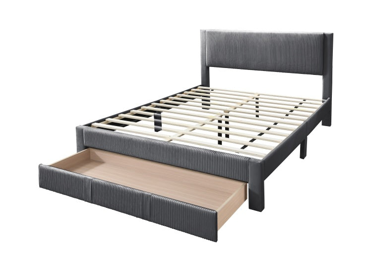 Contemporary 1Pc Queen Size Bed W Storage Drawer Charcoal Corduroy Texture Design Platform Bedframe