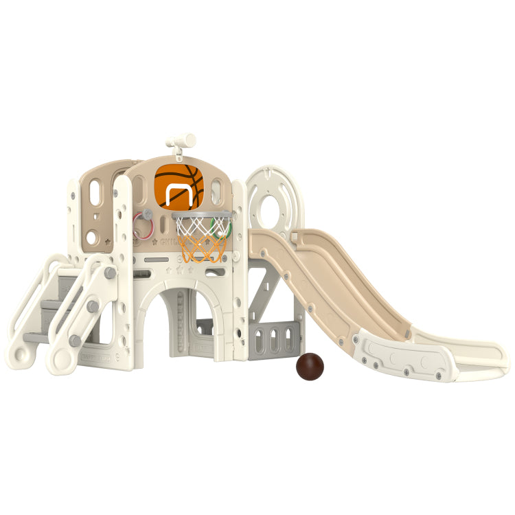 Qaba 7 In 1 Toddler Slide Playset, Kids Slide For Ages 1 6 Years With Ring Toss, Basketball Hoop, Telescope, Indoor Playground With Climber, Storage Space, Crawl Tunnel, Cream White