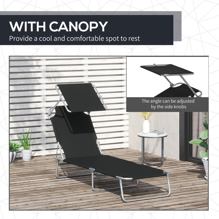 Outsunny Outdoor Lounge Chair, Adjustable Folding Chaise Lounge, Tanning Chair With Sun Shade For Beach, Camping, Hiking, Backyard, Black