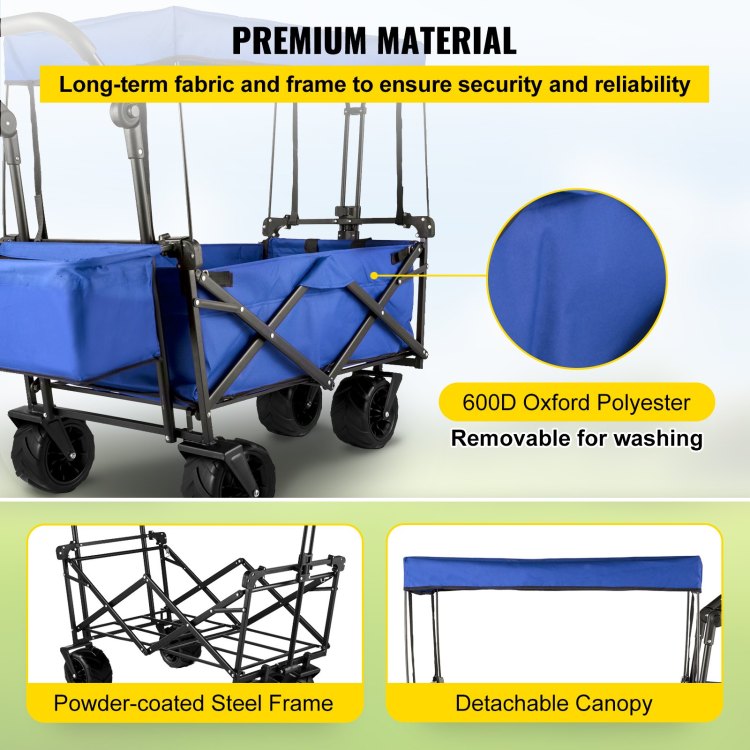 Extra Large Collapsible Garden Cart With Removable Canopy, Folding Wagon Utility Carts With Wheels And Rear Storage, Wagon Cart For Garden, Camping, Grocery Cart, Shopping Cart, Blue