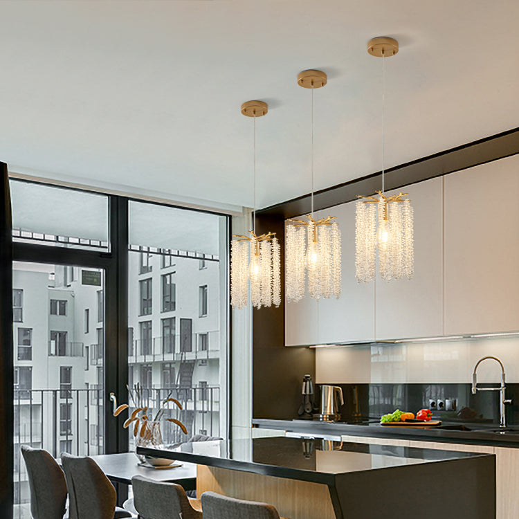 Luxury 3 Pack Crystal Pendant Lights, Elegant Golden Finish Chandelier With Waterfall Bead Design No Bulbs