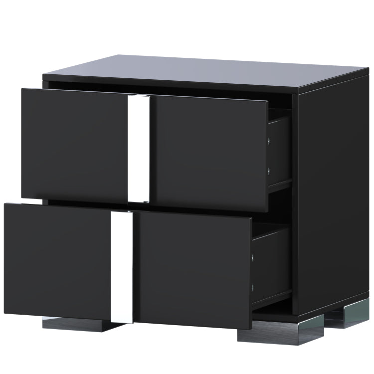 Elegant Nightstand With Metal Foot, Mirrored Bedside Table With 2 Drawers For Bedroom, Living Room, Black