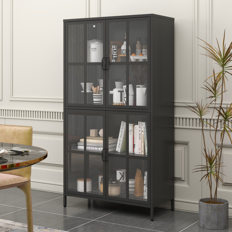 Premium Black Metal Storage Cabinet With Tempered Glass Doors, Adjustable Shelves, Anti Tipping Device, Magnetic Silent Closure, And Adjustable Feet For Home And Office Use