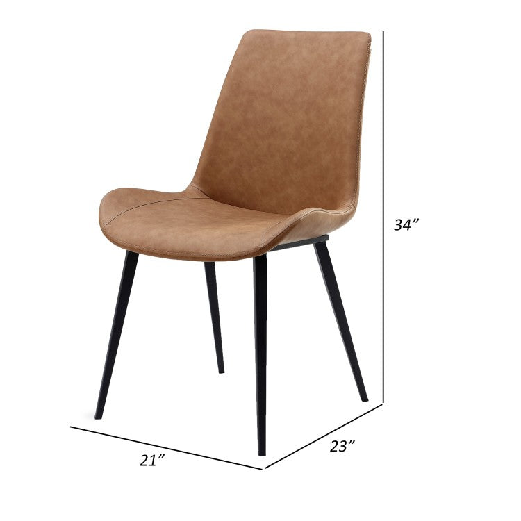 21 Inch Set Of 2 Dining Chairs, Brown Faux Leather, Angled Black Steel Legs