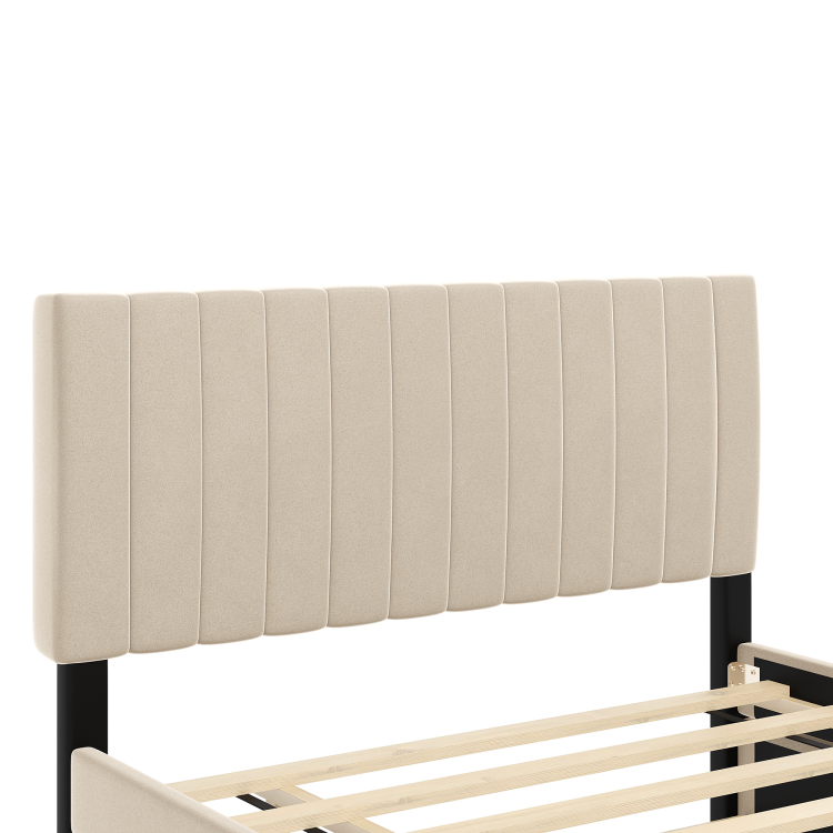 Full Size Velvet Upholstered Platform Bed With Twin Size Trundle, Beige