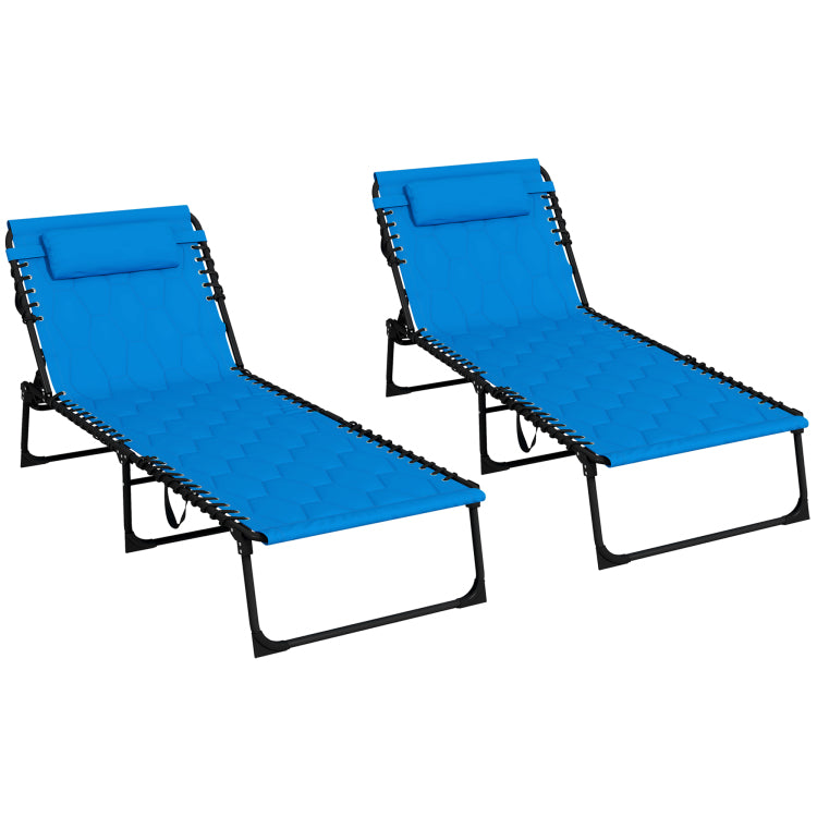 Outsunny Folding Chaise Lounge Set With 5 Level Reclining Back, Outdoor Lounge Tanning Chair With Padded Seat, Side Pocket & Headrest For Beach, Yard, Patio, Blue