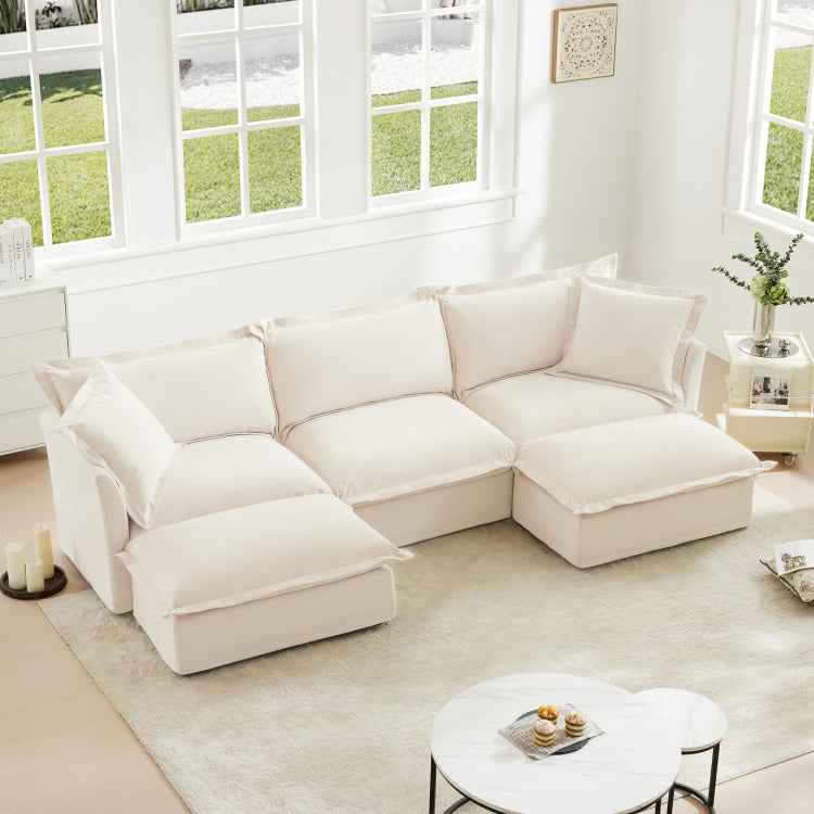 Slipcovered U Shape Sectional Deep Seat Sofa Couch, 3 Seater Sofa With French Edges Design Multiple Big Pillows, Modular Deep Seat Sectional Sofa Comfy Cloud Couch For Living Room