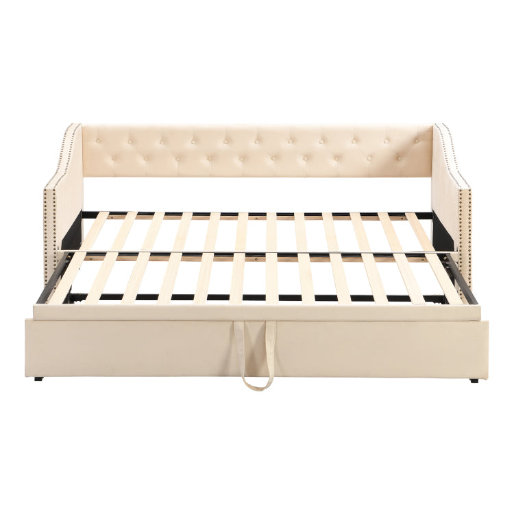 Twin Size Upholstered Daybed With Pop Up Trundle, Beige
